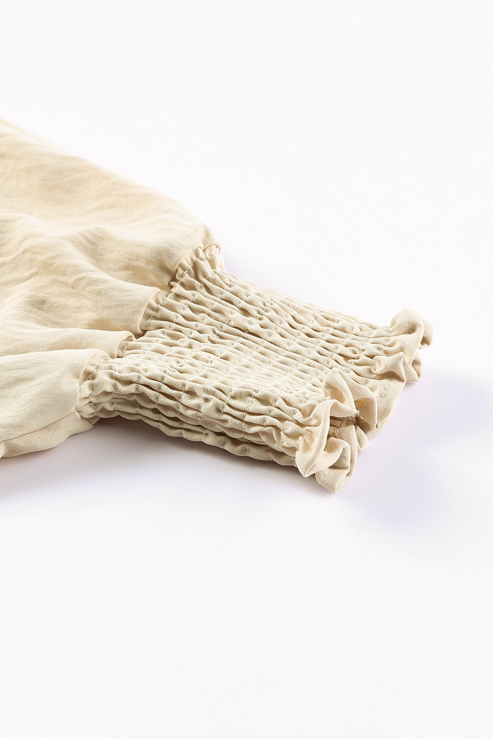 Women’s Oversized Beige Smocked Sleeve Tunic Top – Boho Chic Lightweight Long Sleeve Blouse