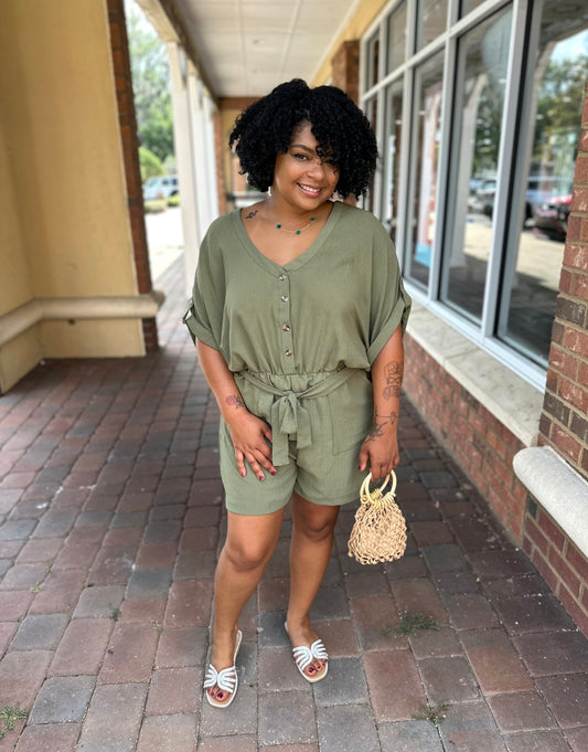 Button Front V-Neck Romper - Olive Green