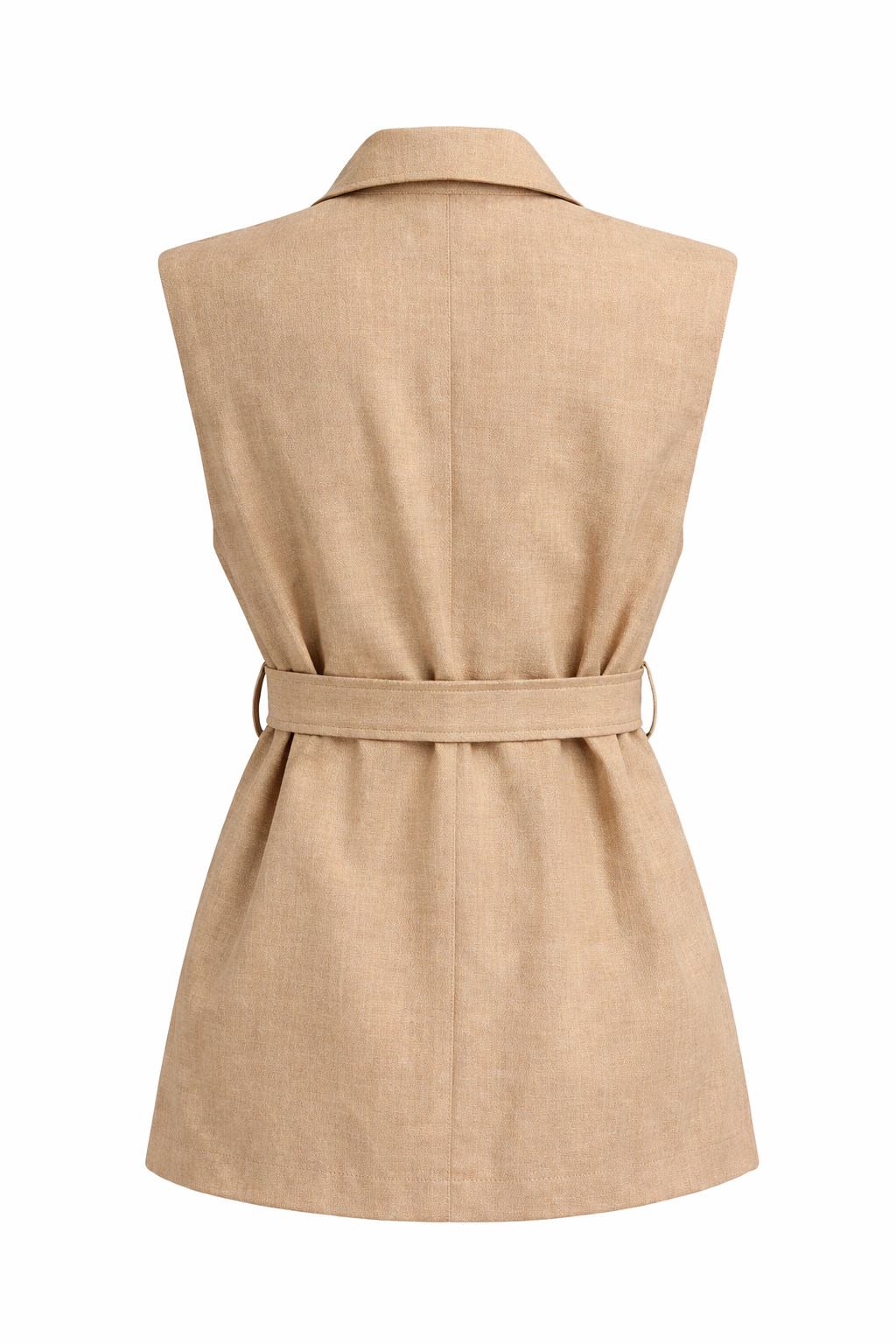 Camel Tailored Wide Leg Pant & Sleeveless Belted Blazer Set – Linen-Look Structured Suit