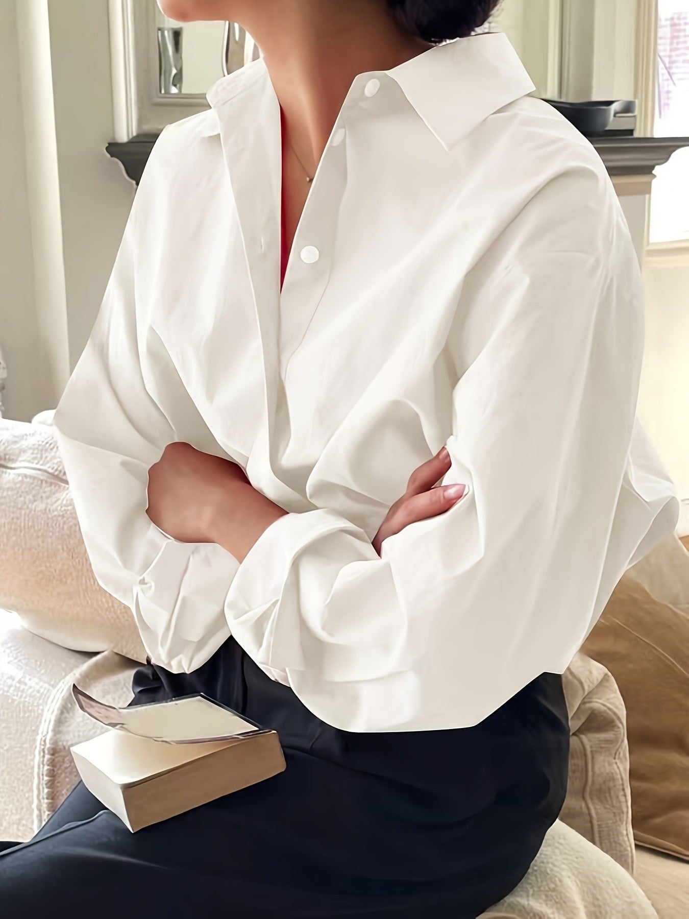 Women’s Oversized White Button-Down Shirt – Relaxed Fit Collared Blouse for Work & Casual Chic