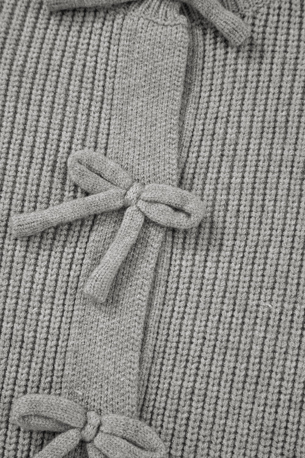 Bow-Front Knit Sweater | Soft Ribbed Long Sleeve -Gray