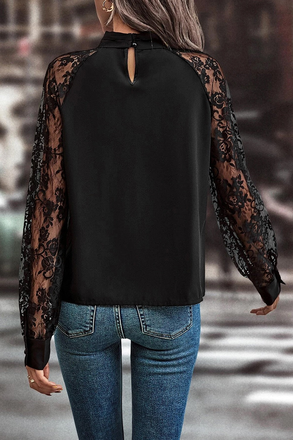 Keyhole Front Lace Sleeve Blouse -Black