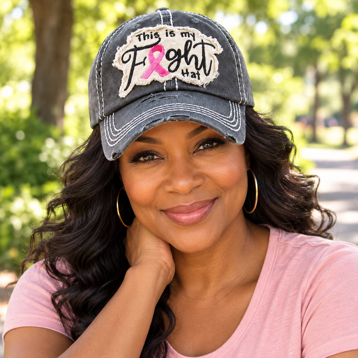 This Is My Fight Hat” Distressed Black Baseball Cap – Breast Cancer Awareness