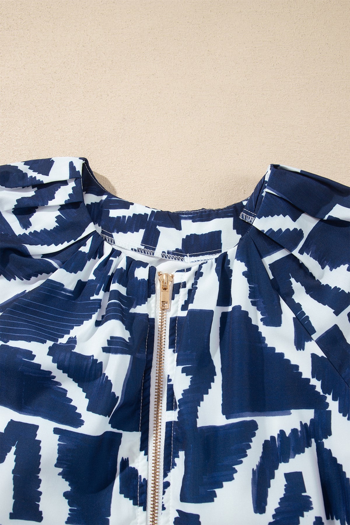 Navy & White Abstract Print Belted Zip Front Dress