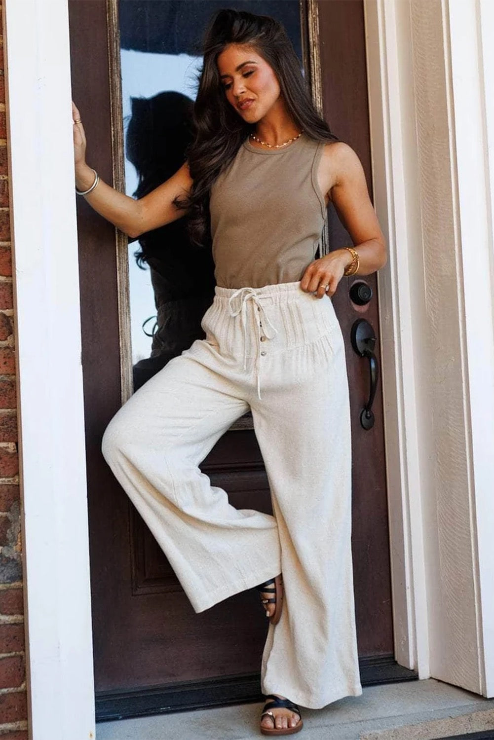 White Wide Leg Resort Style Pants for Women – Elastic Waist Drawstring Pants, Casual Flowy Comfort Pants