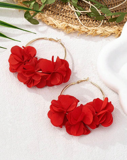Floral Hoop Earring - Red