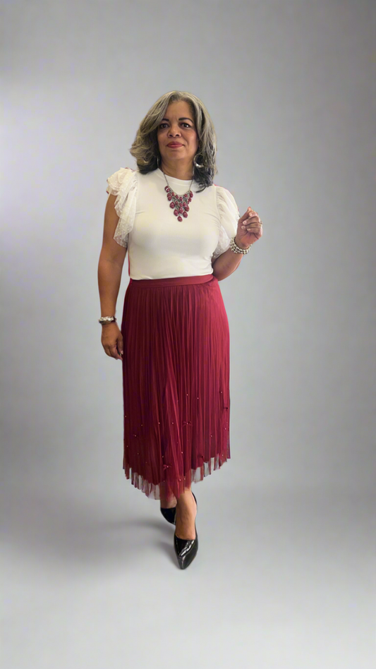 Pleated Tulle Bows & Pearls Skirt -Burgandy