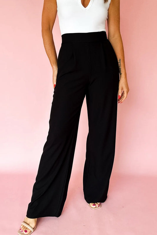 High-Waist Black Wide-Leg Pants with Pockets Black