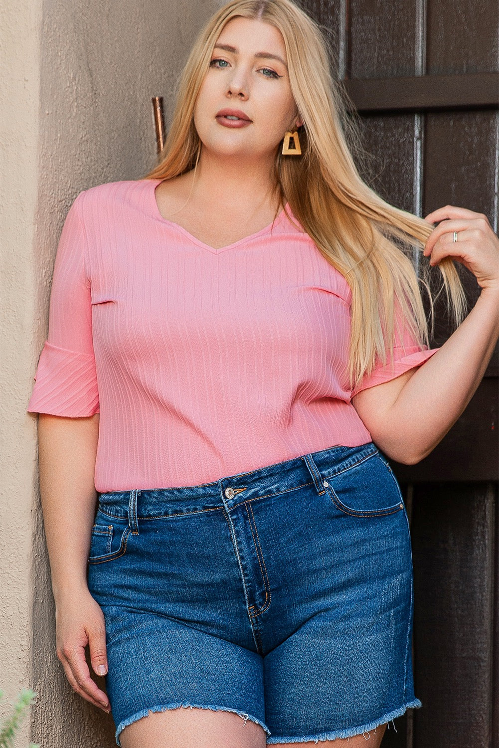 V-Neck Ruffle Sleeve Top- Mauve Pink