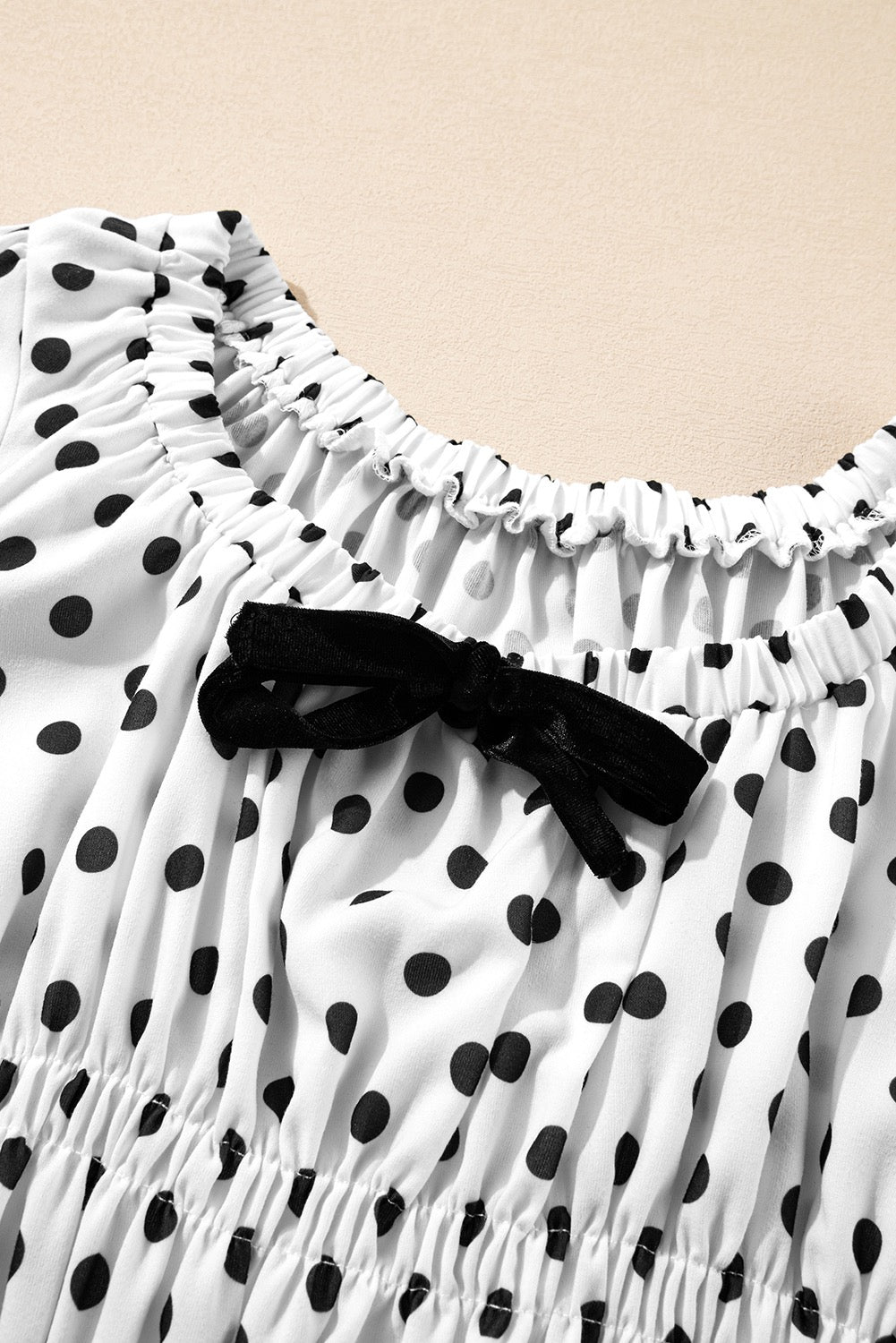 Women’s White Black Polka Dot Peplum Blouse with Puff Sleeves | Flattering Smocked Waist Dressy Casual Top