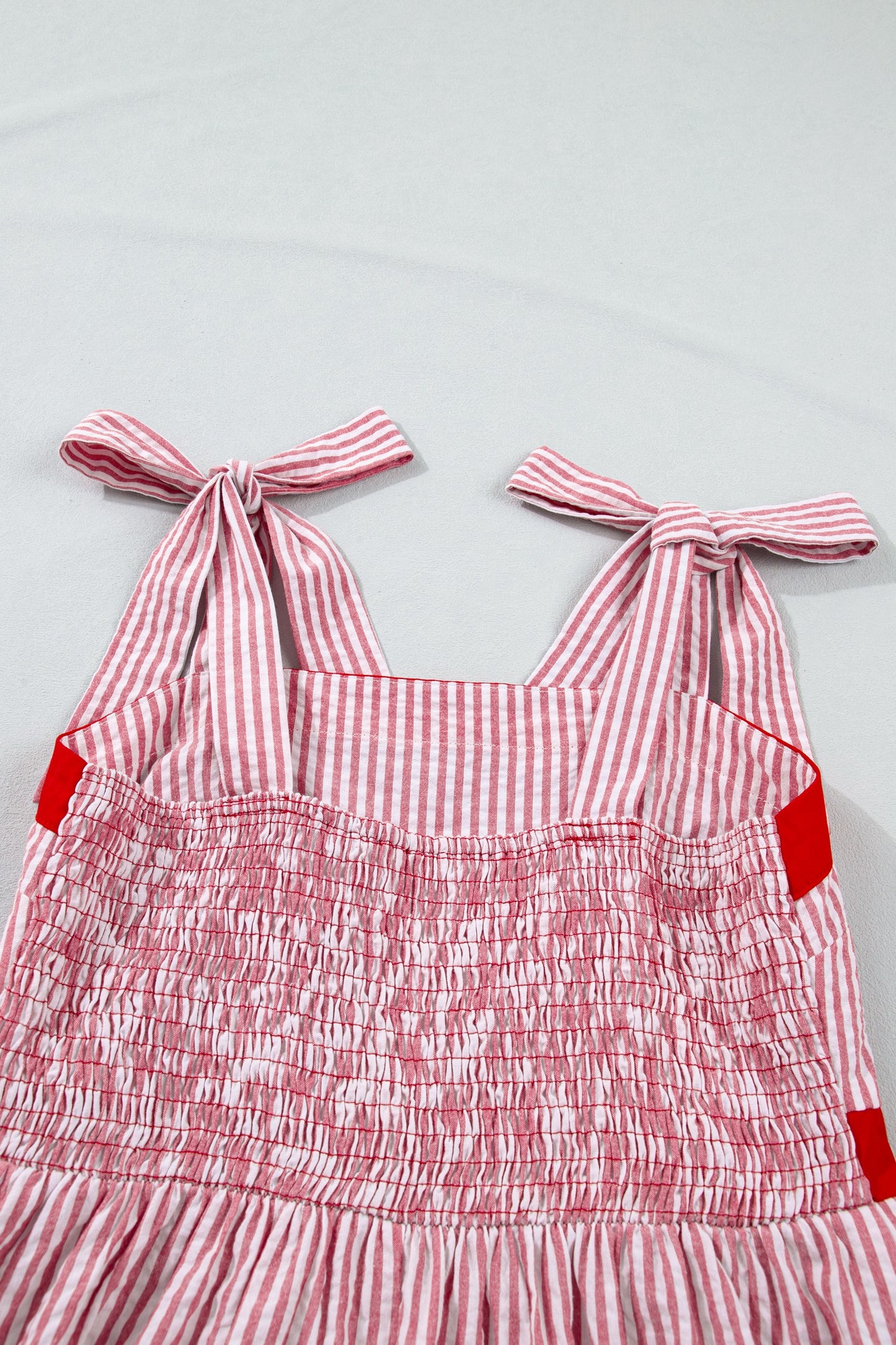 Sweet Americana Tie-Shoulder Striped Seersucker Red Maxi Dress with Pockets