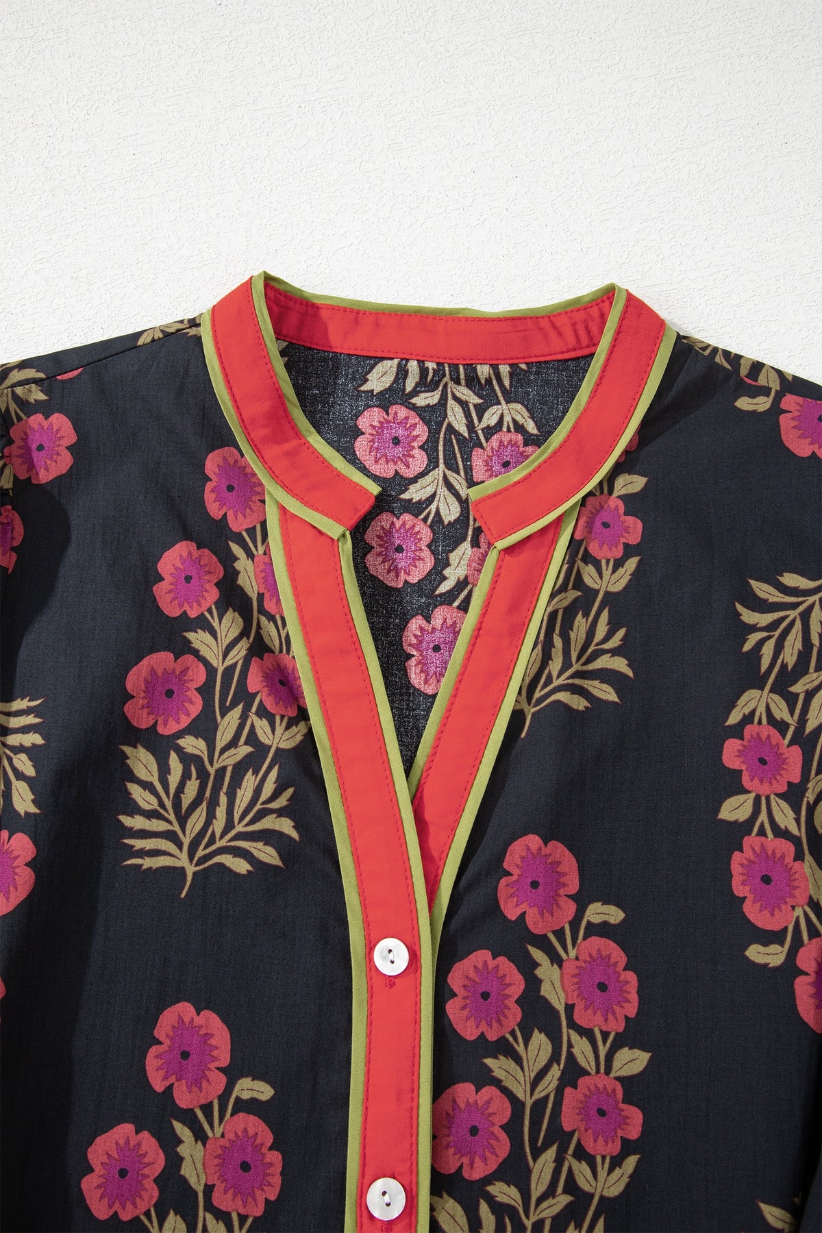 Black Floral Button Front Belted Mini Dress with Puff Sleeves