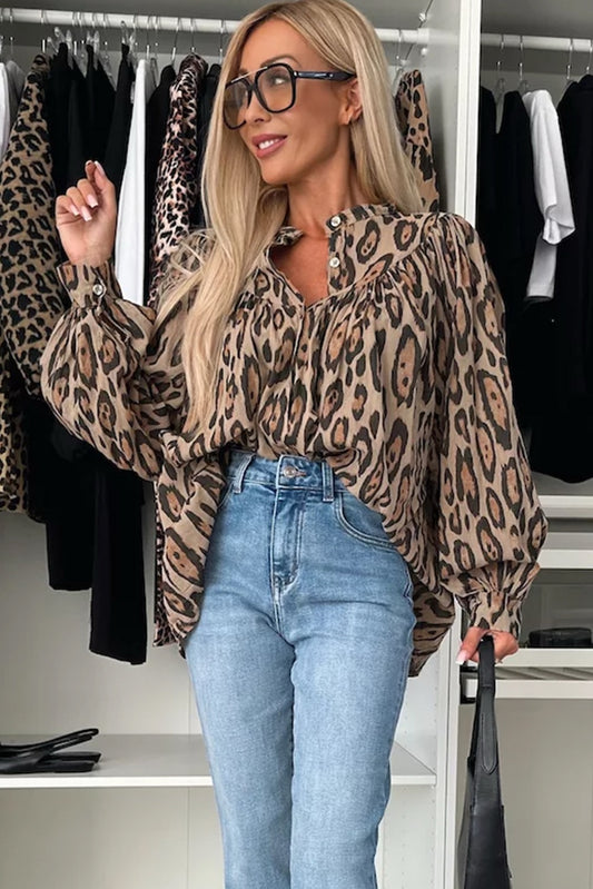 Oversized Leopard Print Balloon Sleeve Blouse