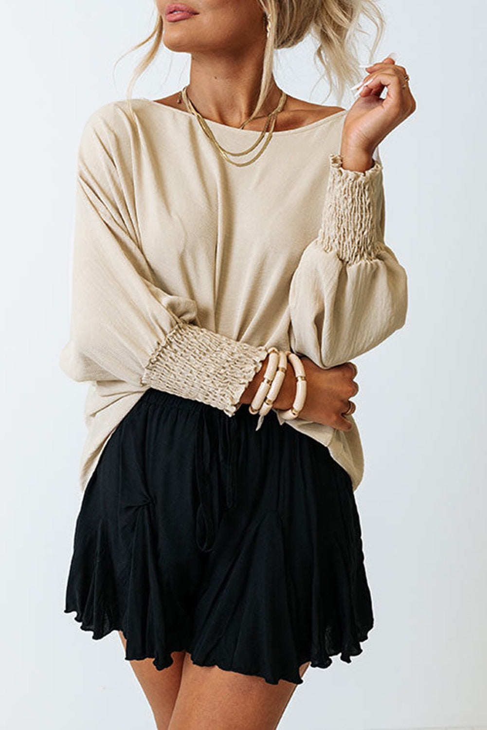 Women’s Oversized Beige Smocked Sleeve Tunic Top – Boho Chic Lightweight Long Sleeve Blouse
