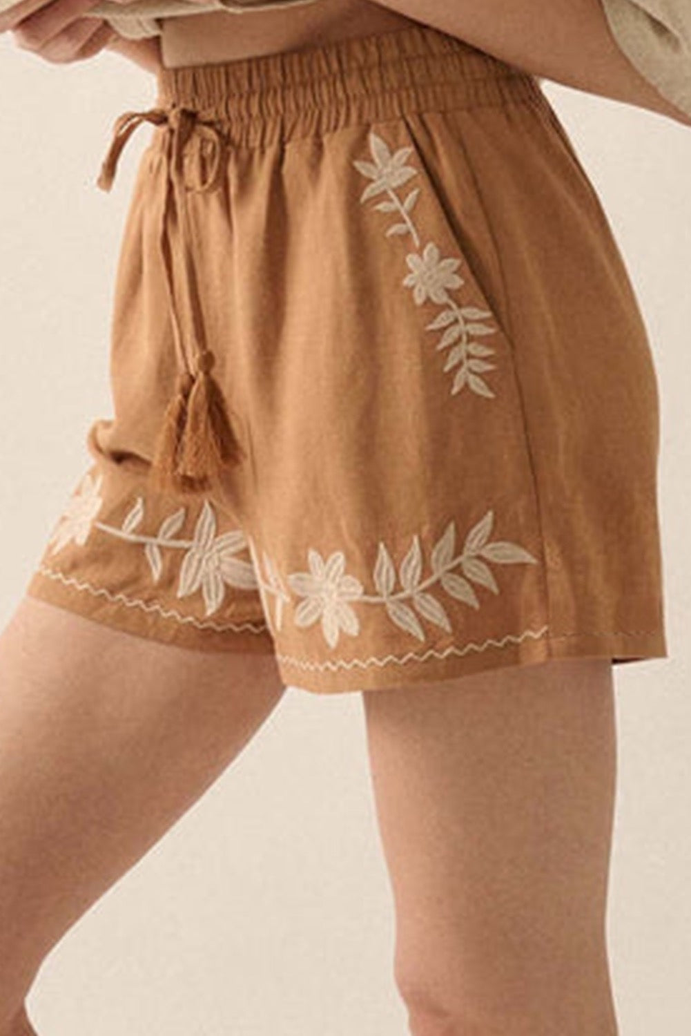 Floral Embroidered Shorts - Caramel Brown