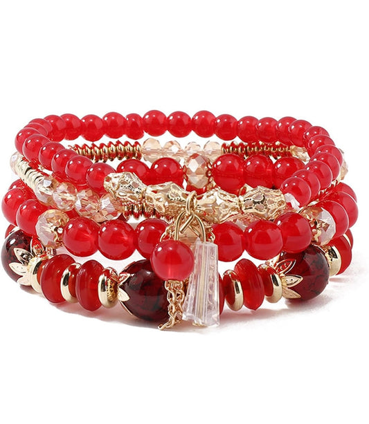 Red Beaded Bracelet Set – Layered Stretch Bangles with Charms  Accents