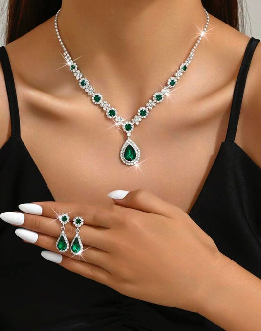 Emerald Inspired Rhinestone Teardrop Necklace & Earring Set - Green