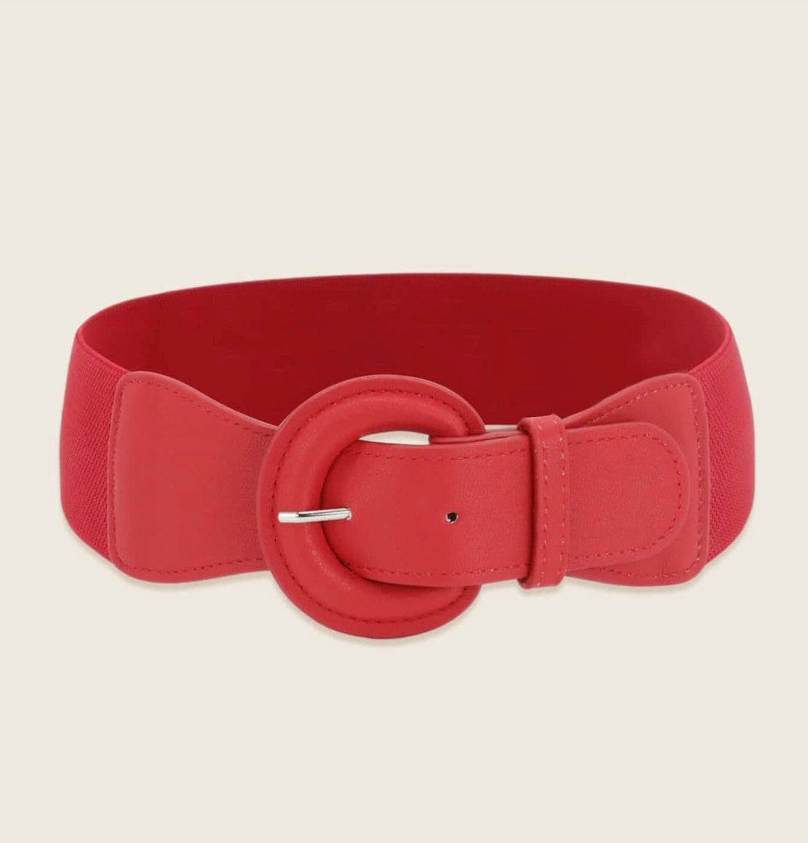 Bold Red Wide Stretch Belt with Round Buckle – Statement Waist Cincher