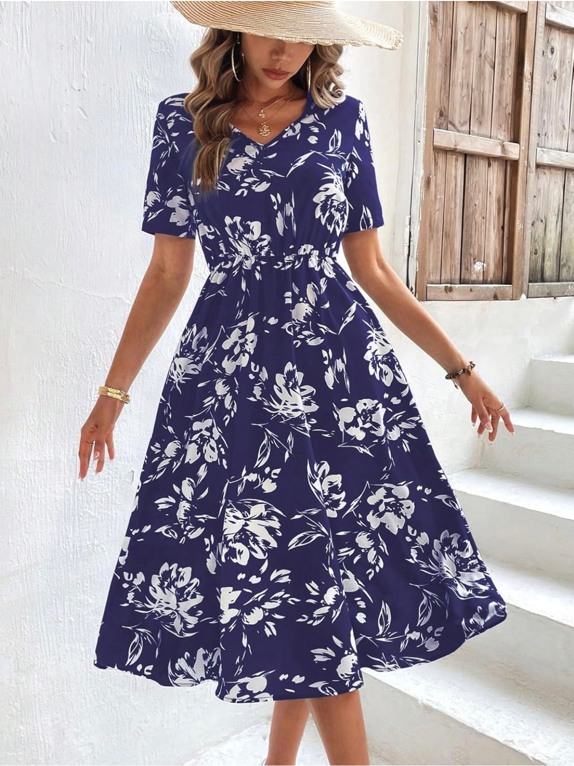 Floral V-Neck Dress - Blue