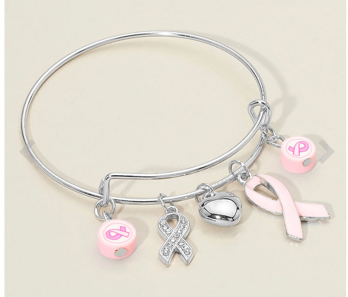 Pink Ribbon Heart Charm Bangle Bracelet – Breast Cancer Awareness Jewelry (Gold or Silver)