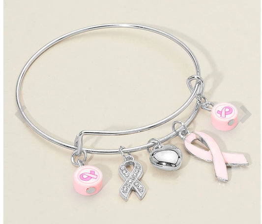 Pink Ribbon Heart Charm Bangle Bracelet – Breast Cancer Awareness Jewelry (Gold or Silver)