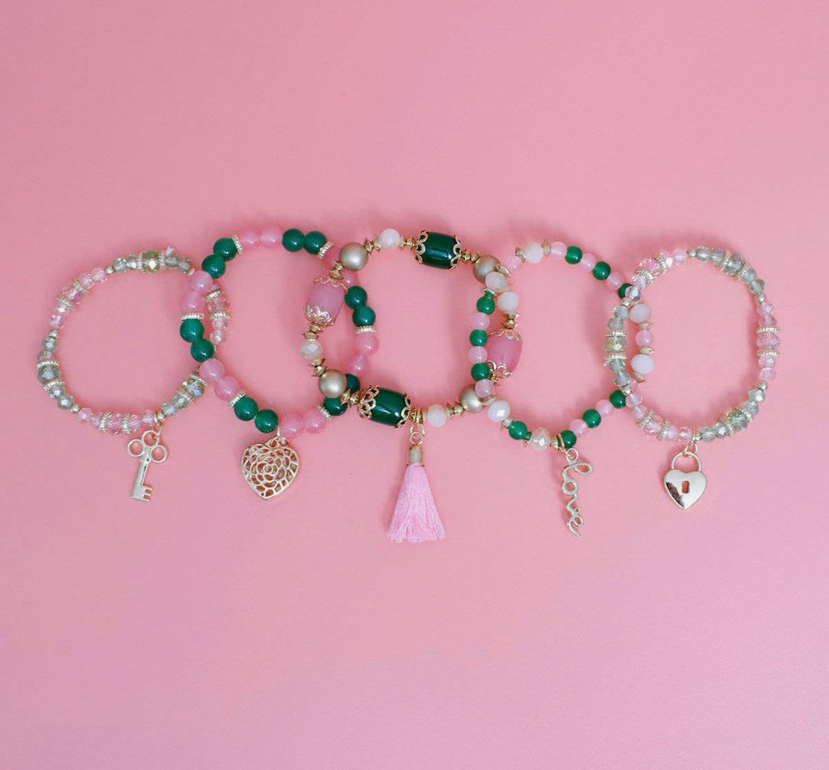 Pink & Green Charm Beaded Bracelet Set | Women’s Stretch Stack Bracelets | 5-Piece Bracelet Collection