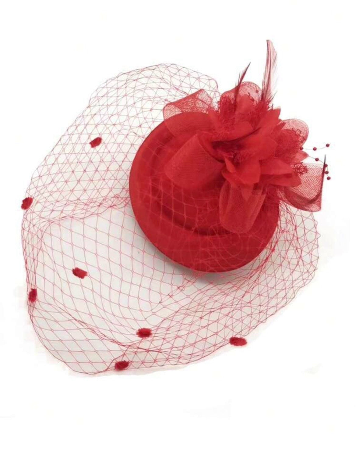 Mesh Floral Fascinator Hat - Red