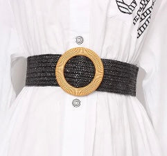 Wide Woven Waist Belt with Natural Buckle – Stretch Statement Belt