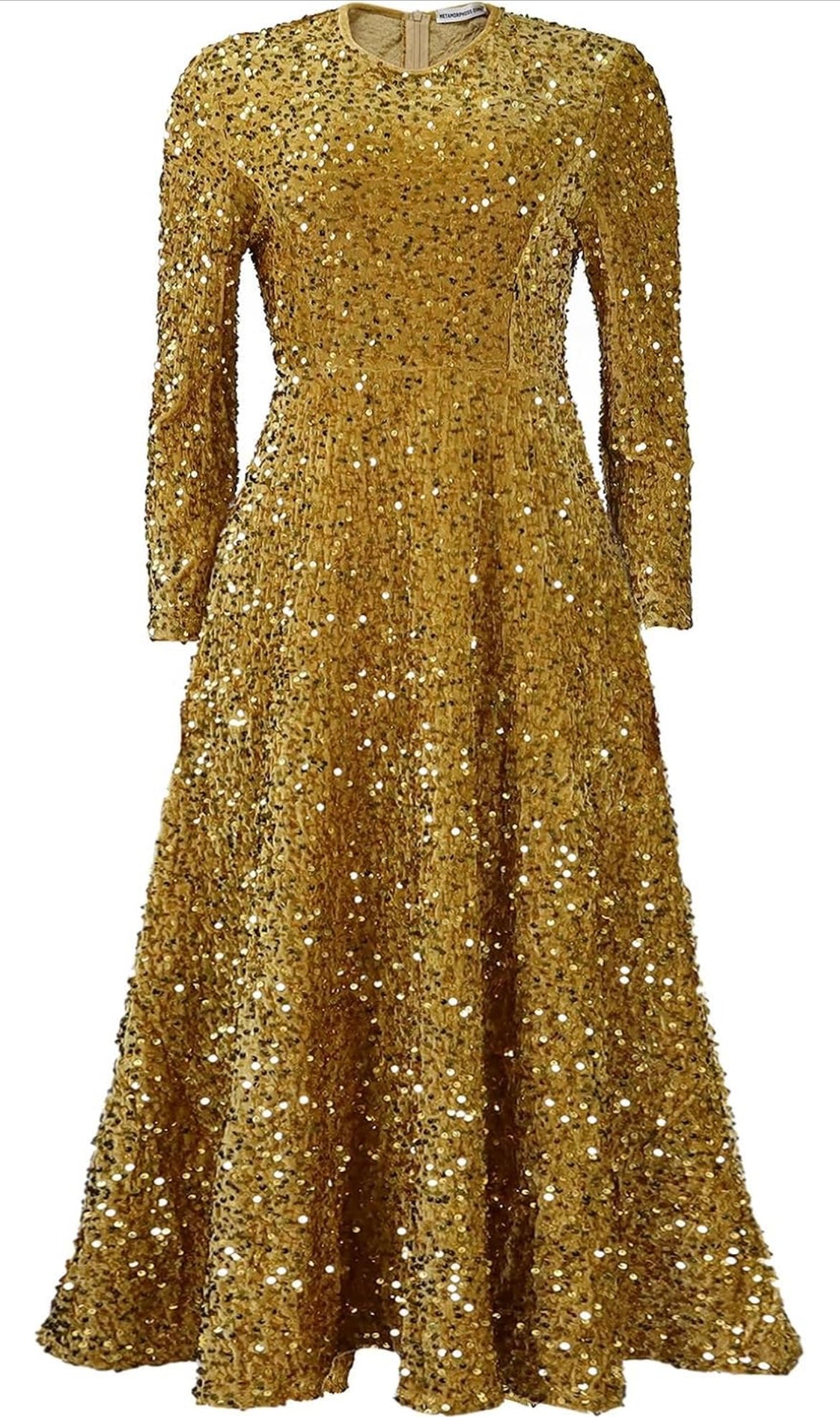 Golden Sequin Midi Dress – Long Sleeve Fit & Flare Statement Dress