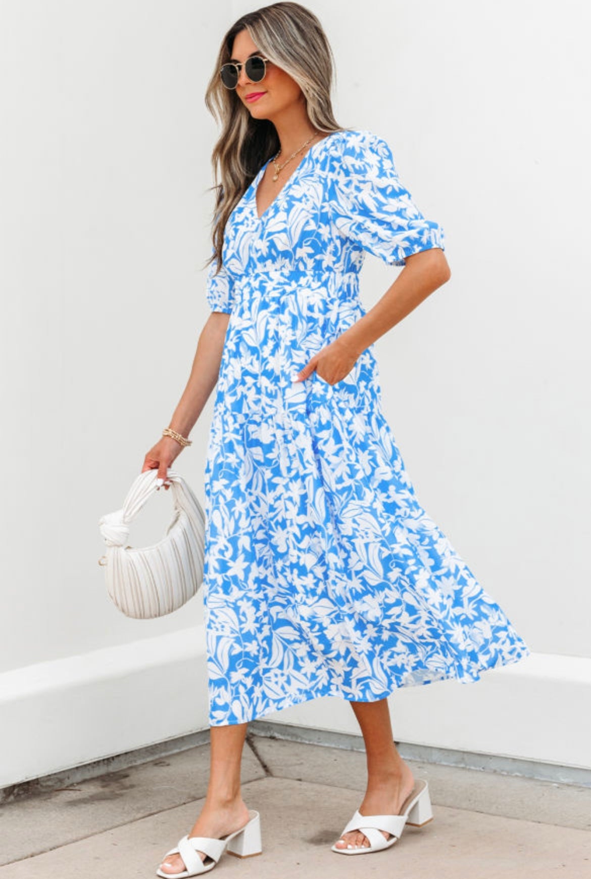 Blue and White Floral Puff Sleeve Midi Dress for Women