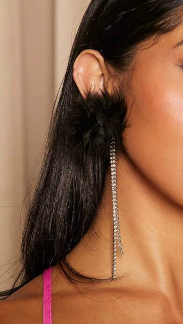 Rhinestone Feather Earring - Black