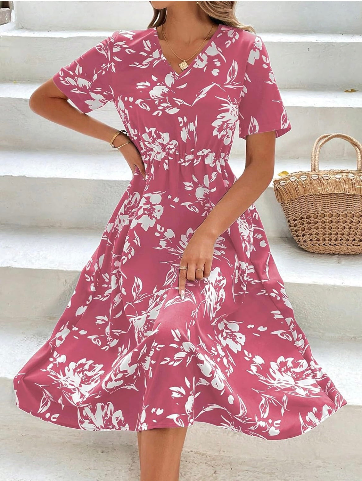 Floral V-Neck Short Sleeve Dress -Pink