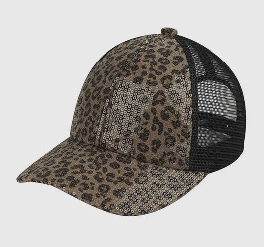 Leopard Sequin Trucker Hat with Mesh Back – Glam Casual Statement Cap