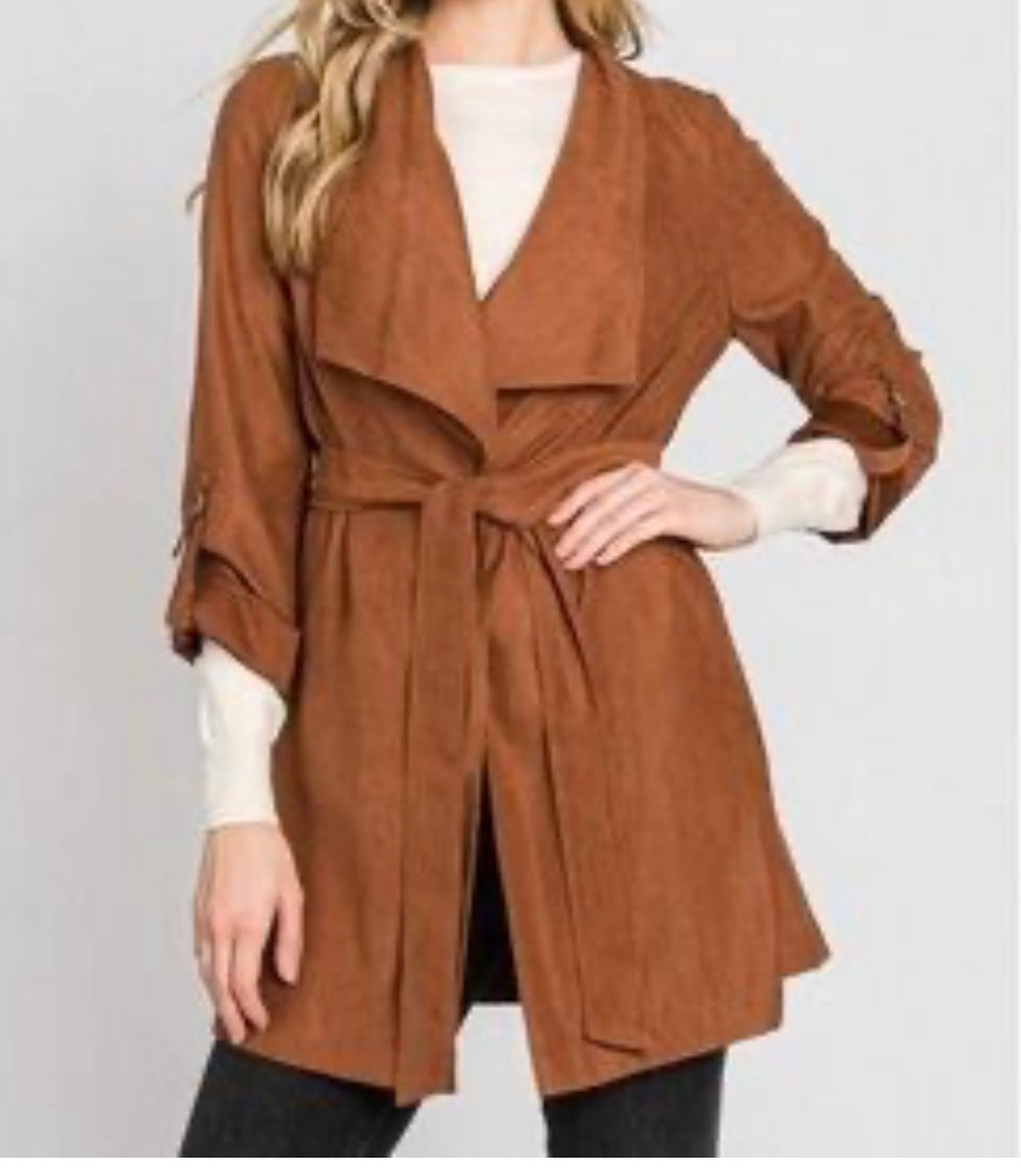 Faux Suede Wrap Jacket -Brown