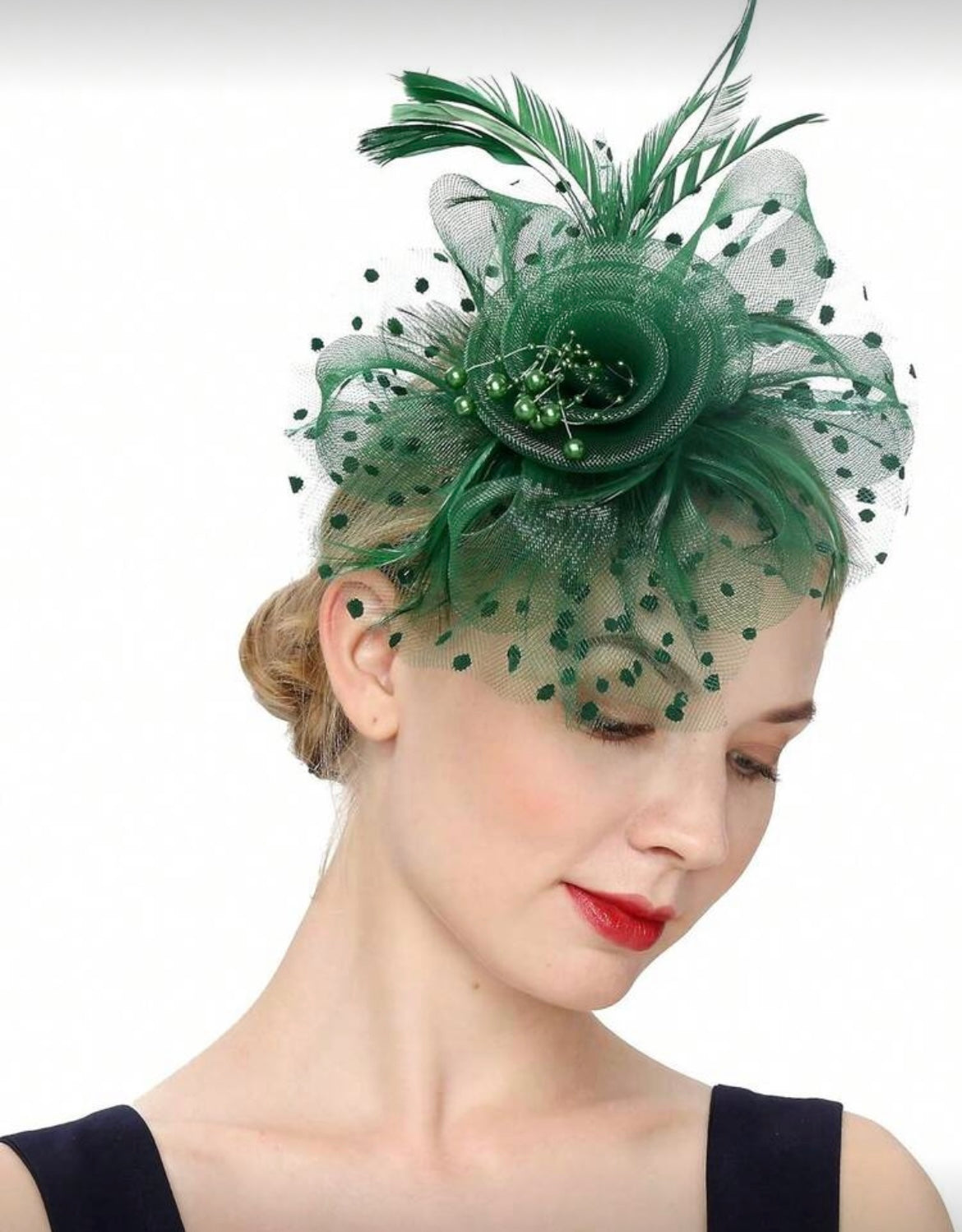 Green Fascinator Hat for Women – Elegant Feather & Mesh Derby, Church & Wedding Headpiece
