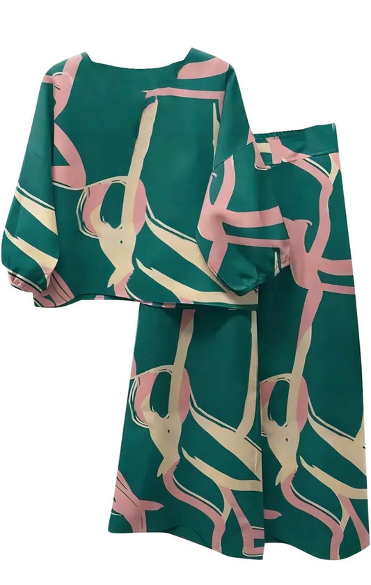 Two-Piece Pants & Top Set- Geo Green & Pink