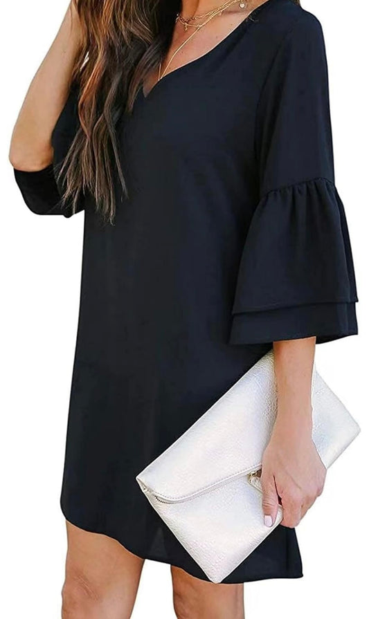 Elegant Black Shift Dress with Bell Sleeves – Chic Little Black Dress for Any Occasion
