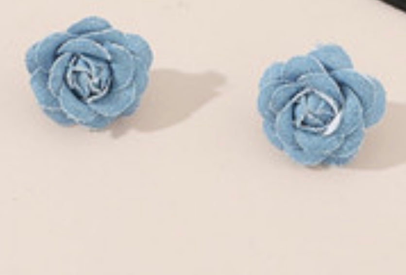 Denim Rose Bud Earrings - Blue