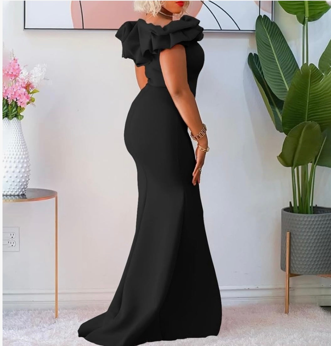 Ruffle Trim Neckline Formal Dress - Black