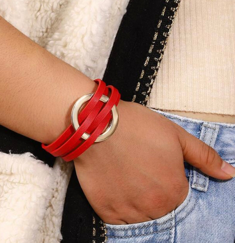 Leather Strap Bracelet - Red