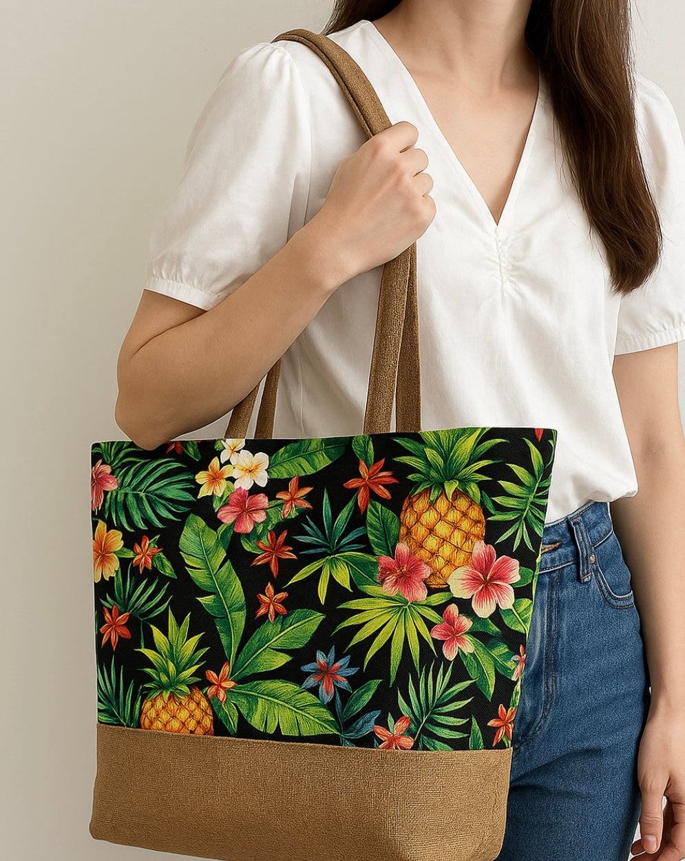 Tropical Floral Print Jute Tote Bag - Multi-Color