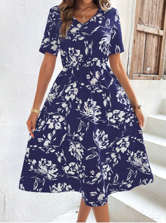 Floral V-Neck Dress - Blue