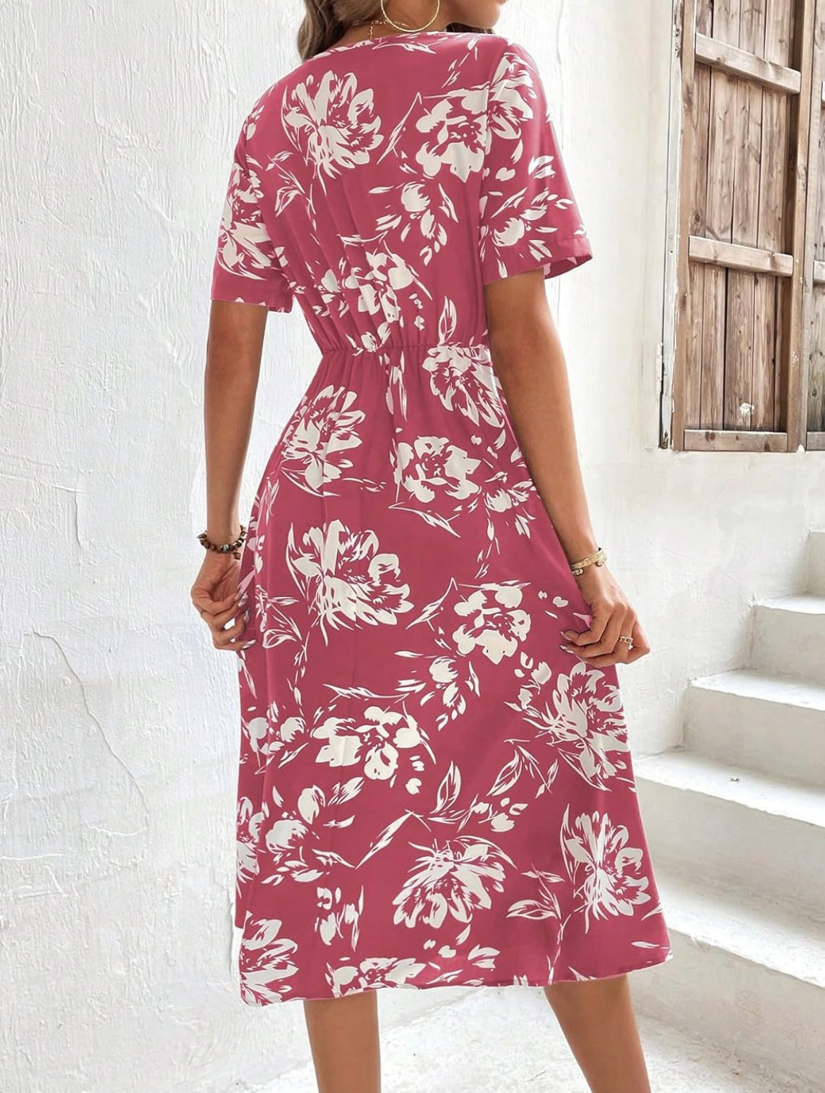 Floral V-Neck Short Sleeve Dress -Pink