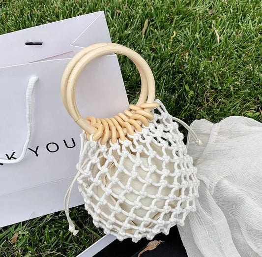 Woven Macrame Handle Bag -Ivory