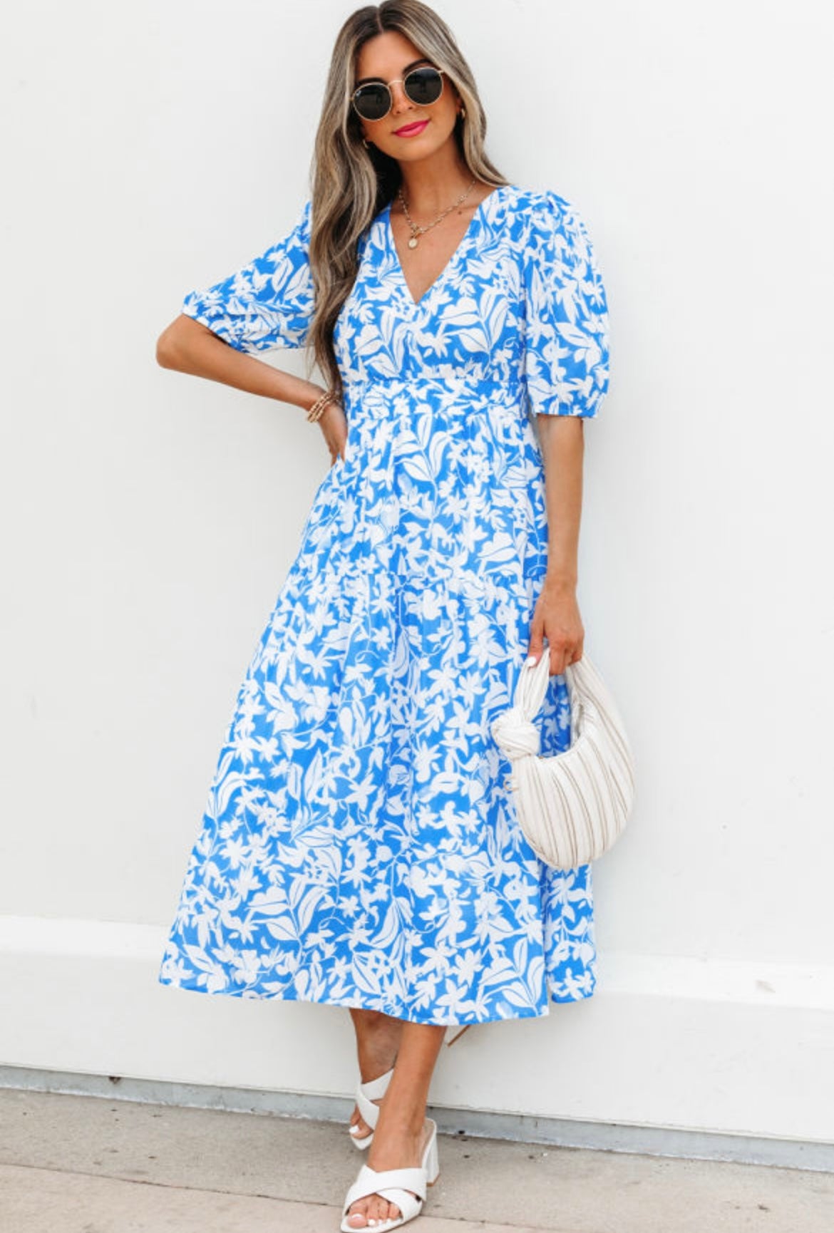 Blue and White Floral Puff Sleeve Midi Dress for Women