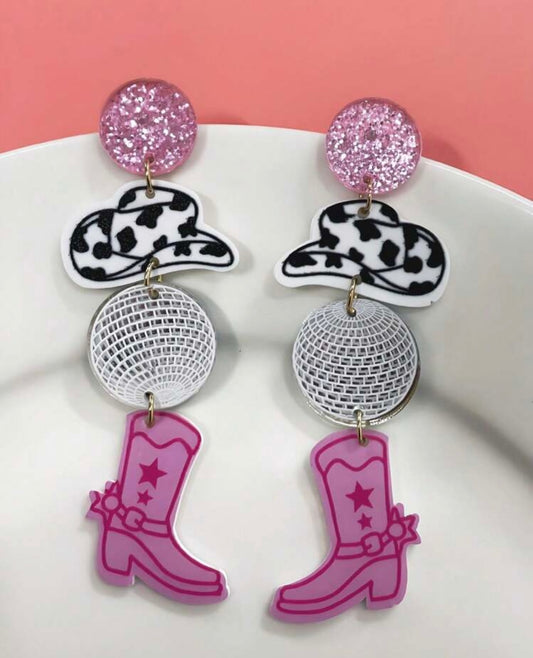 Disco Cowgirl Boot Earring- Pink