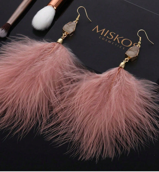 Feather Druzy Earrings - Pink