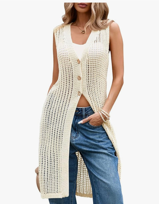 Beige Crochet Longline Sleeveless Cardigan Vest Duster with Button Front