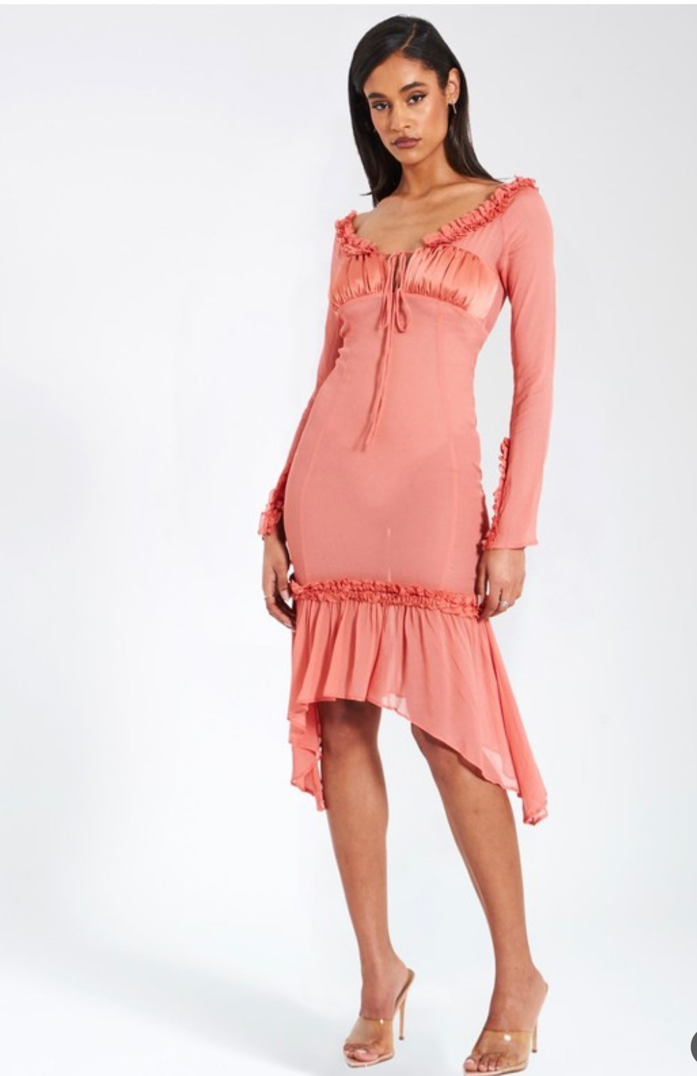 Tiered Ruffle Sleeve Sheer and Satin Midi Dress -Blush Pink M (8-10) Tiered Ruffle Sleeve Sheer and Satin Midi Dress -Blush Pink M (8-10)