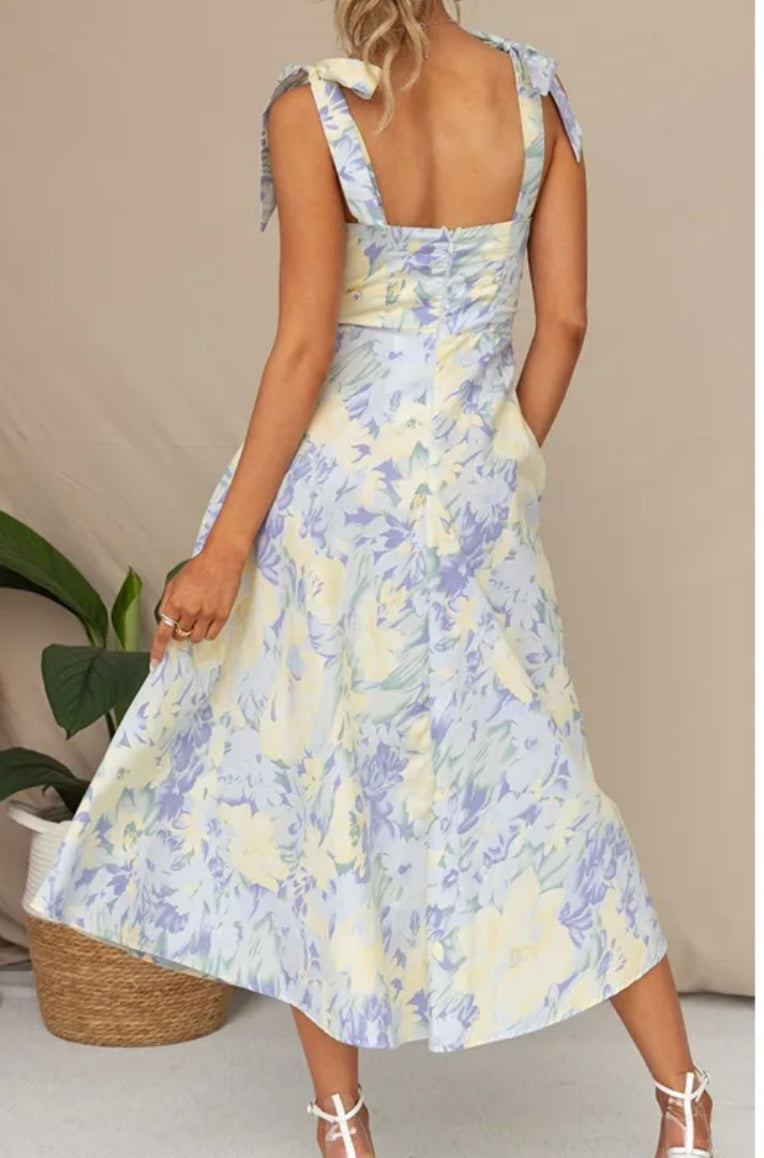Floral Shoulder Tie Midi Sundress- Blue Yellow